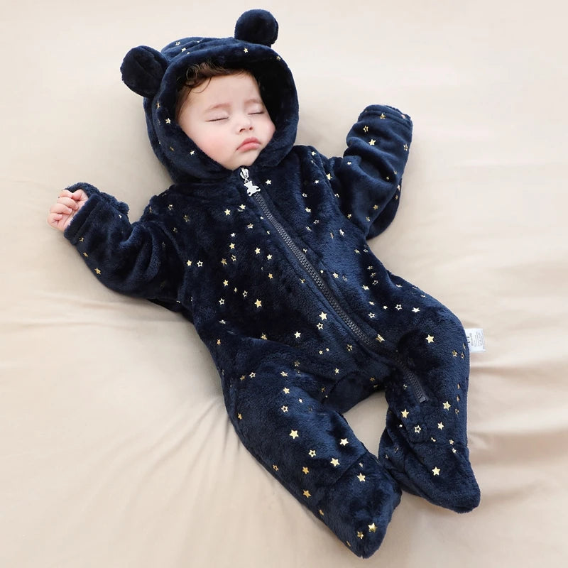 Baby Flannel Romper - Soft Hooded Winter Bodysuit – BloomingBabies