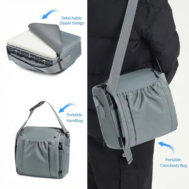 Attaches in seconds. Fits any chair. Goes everywhere.